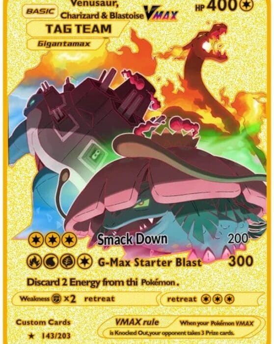 Carte Gold en MeÌtal PokeÌmon Florizarre, Dracaufeu et Tortank